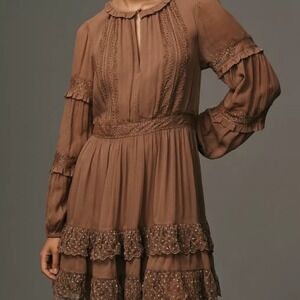 By Anthropologie Lace Pleated Mini Dress Long Sleeve Tiered Brown Dress Sz‎ XS
